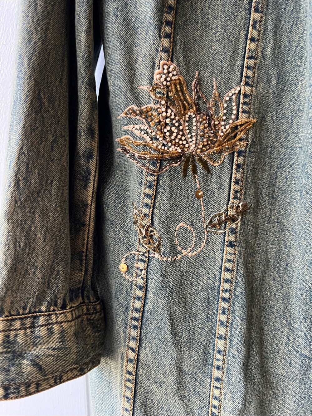 CRAZY LINE Embroidered Long Denim Coat - Green - Picture 8 of 14